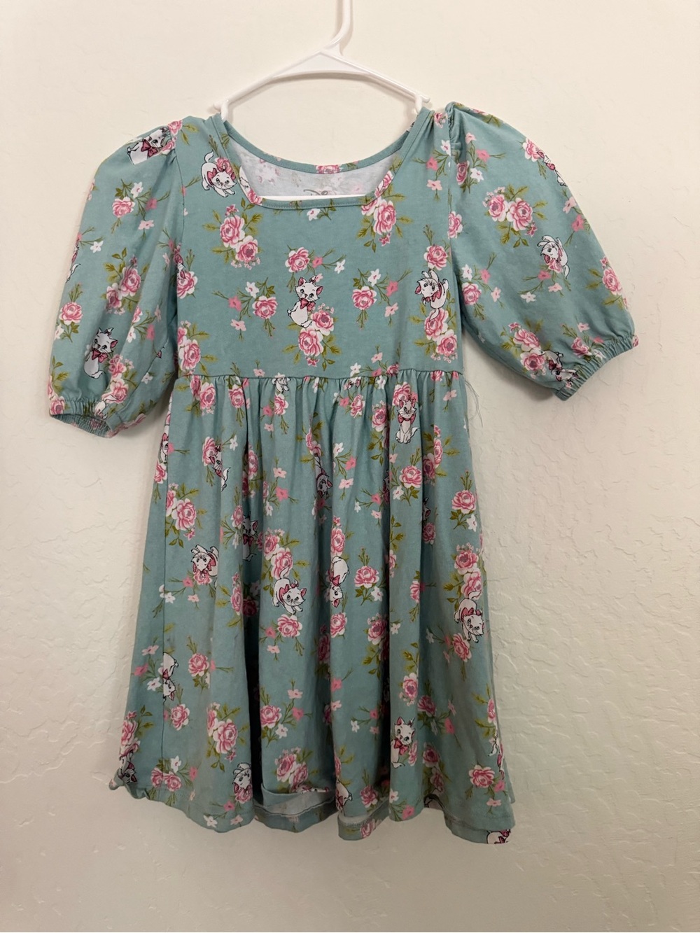 Disney Girls Floral Puff Sleeve Dress - Sage Green with Pink Roses